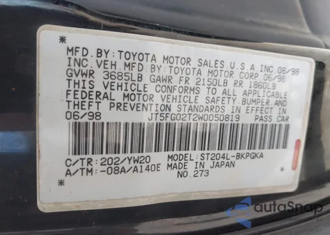 1998 Toyota Celica Gt from USA, damaged, VIN JT5FG02T2W0050819